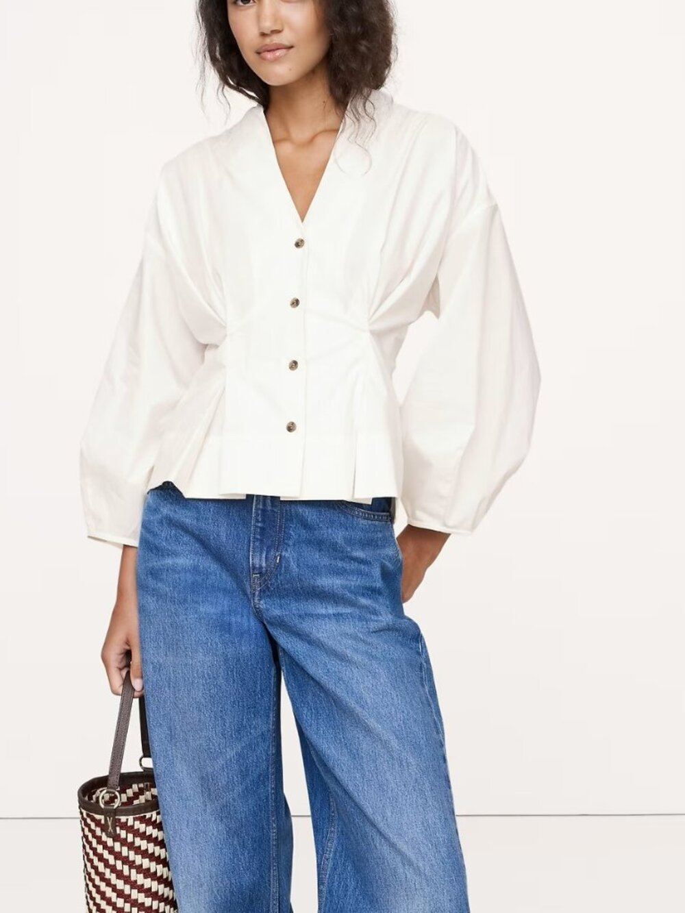 NWT!!! Banana Republic Ivory White Cotton Poplin Cinched-Waist Blouson Shirt S